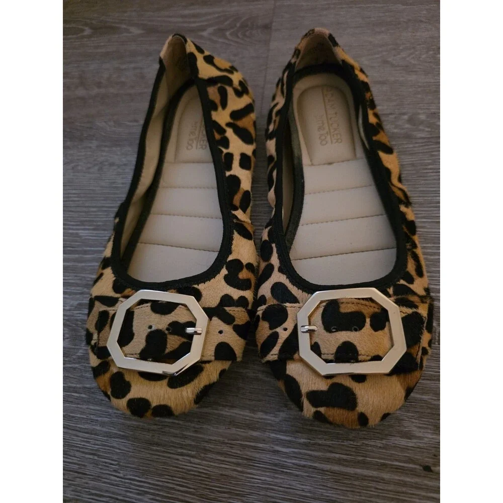 Adam Tucker by Me too leopard print, calf fur, gold buckle ballet flats.  Sz 7